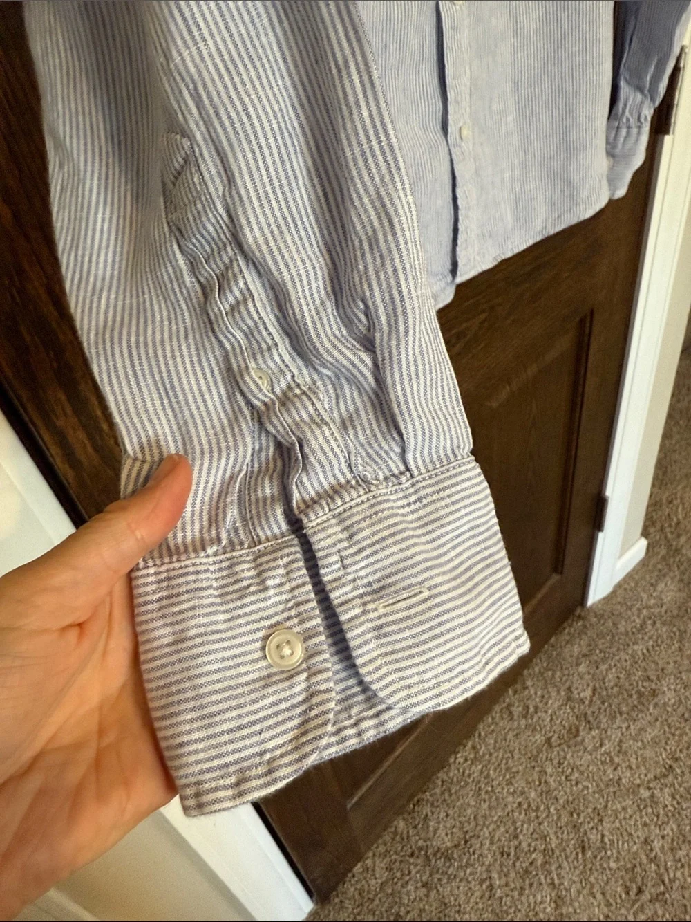 J. Crew Irish Linen by Baird McNutt Light Blue Pinstripe Button-Up Shirt Large
